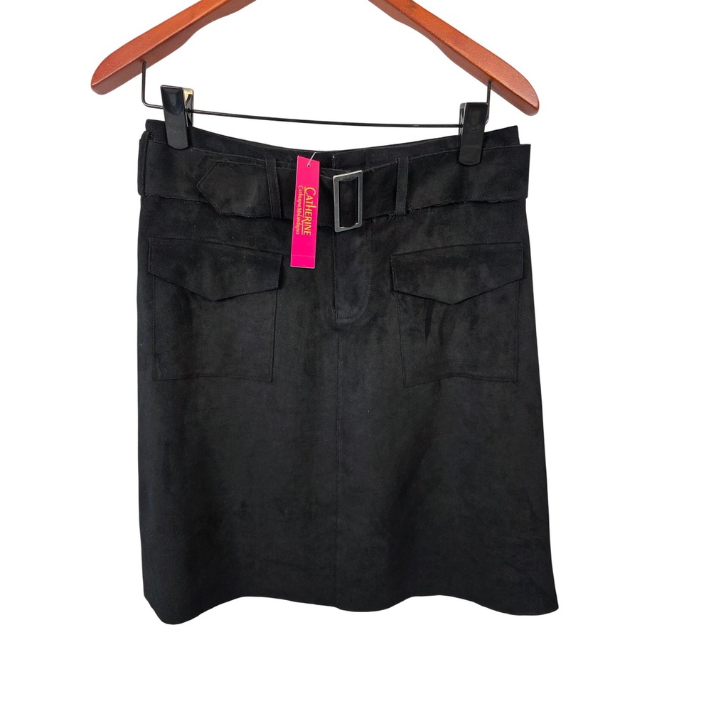 Catherine Malandrino Black Faux Suede Belted Midi Skirt Size 4 Pockets NEW